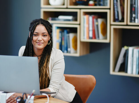 Woman, portrait or student in home office on laptop for online registration or college schedule. University, application or girl with internet for information technology course or elearning education