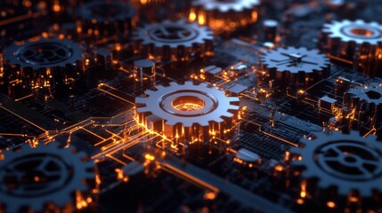 Interconnected gears and circuitry symbolizing synergy between technology and business processes