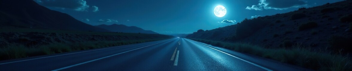 Fototapeta premium Moonlit asphalt road stretching into darkness, moonlight, drive
