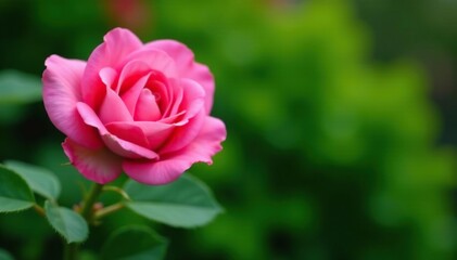 Obraz premium Pink rose in full bloom against lush green foliage, flower closeup, floral arrangement, bloom