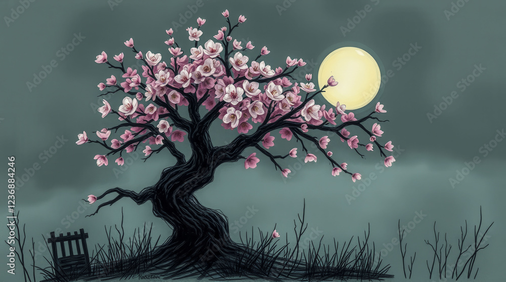 Poster a tree with pink blossoms is in front of a bench. the tree is surrounded by a dark background, and t