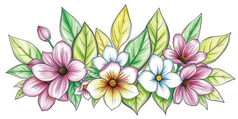 Fototapeta premium A colorful bouquet of flowers with a white stem. The flowers are pink, yellow, and white