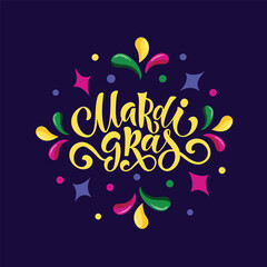 Mardi Gras meaning Fat Tuesday handwritten text. Modern brush ink calligraphy and colorful stars on blue background. Bright holiday poster, invitation, postcard, greeting card. Vector illustration