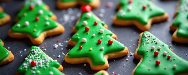 A Christmas tree shaped cookie decorated with green frosting and red berries, Christmas tree cookies, Baked goods, Sugar cookies