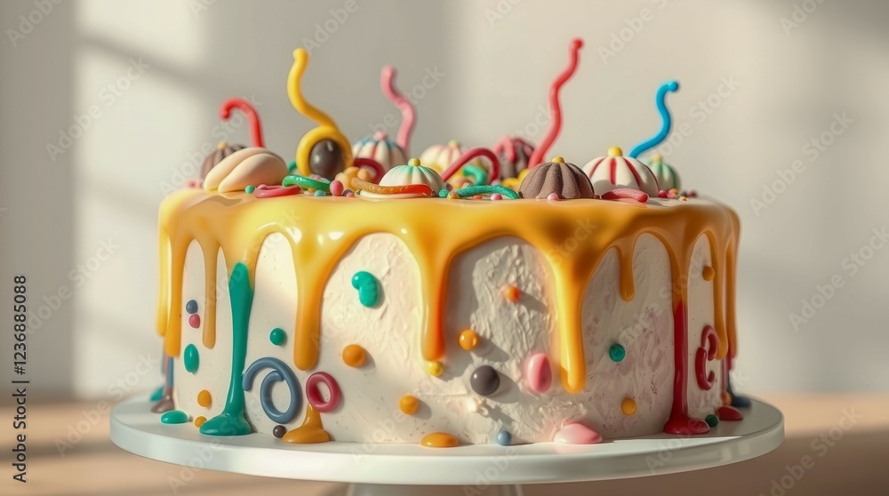 Poster a colorful cake with a drizzle of frosting and sprinkles on top. the cake is decorated with various 