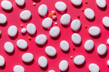 A close up of many white pills on a pink background