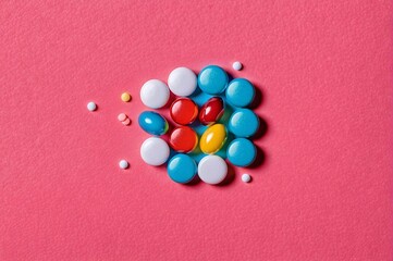 Obraz premium A close up of many white pills on a pink background