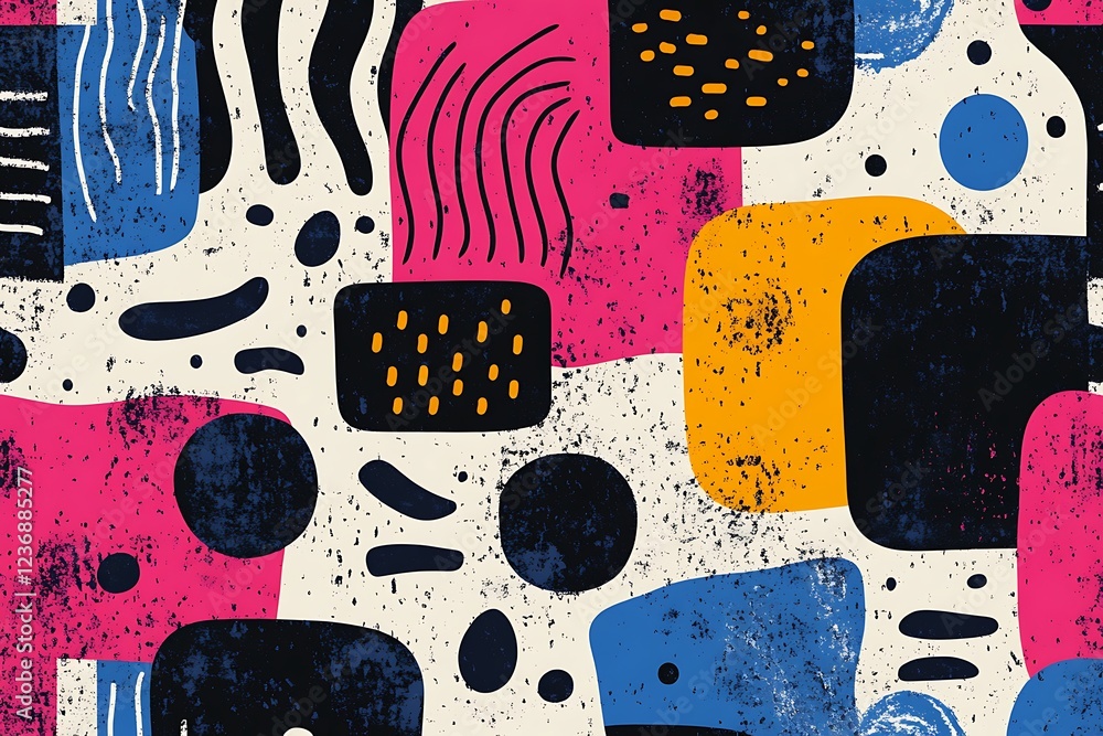 Poster abstract colorful shapes and textures on a distressed background.