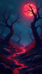 Spooky and eerie landscape with glowing red rocks and twisted trees, shadows, trees, evil
