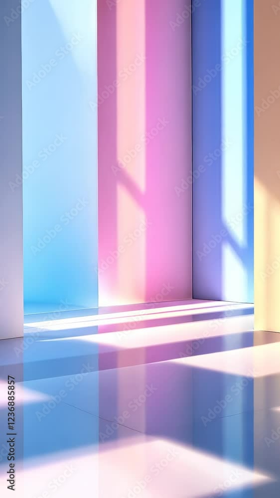 Poster pastel colors geometric background dominate a surreal scene with a glowing rectangular prism casting