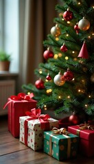 A festive Christmas tree with wrapped presents, Christmas, bows