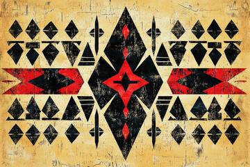 Fototapeta premium Bold black and red tribal design showcases cultural heritage on sandy beige background