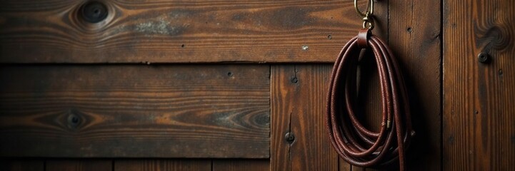 Dark luxurious leather whip hanging from a hook on a wooden wall, hang, decorative accessory, wooden wall
