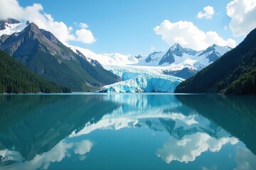 Naklejka premium Reflections of majestic glaciers on still water surface, lake, landscape, peaceful