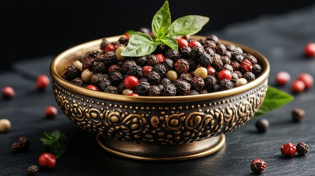 Ornate bowl of mixed peppercorns with fresh basil on dark stone