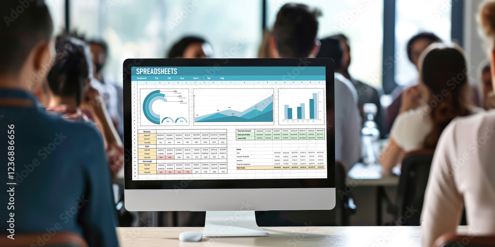 Poster spreadsheet document information financial startup concept. data and graphs in spreadsheet documents