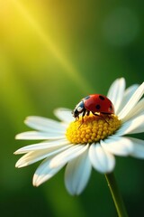 Fototapeta premium Ladybug on a camomile petal, gazing at the sunlight filtering through the herb, insect, floral