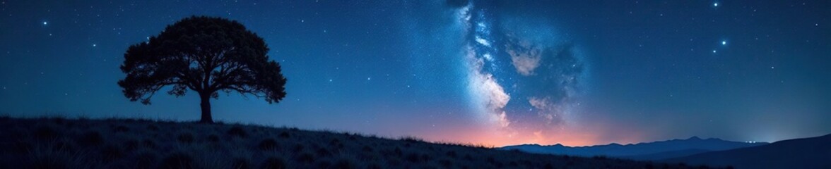 Fototapeta premium Starry night with a lone tree and glowing star trails, solitary, glow