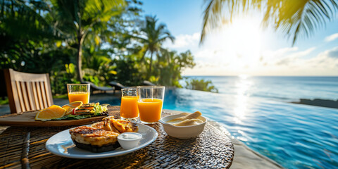 Delicious breakfast at the exotic hotel resort near the pool. Snacks on a backdrop of lush tropical gardens and azure sea.