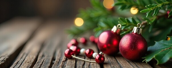 Glass beads strung with twine around a holly branch, rustic charm, Christmas ornaments