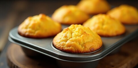 Freshly baked cornbread muffins in a tin tray, fresh, baked, tin