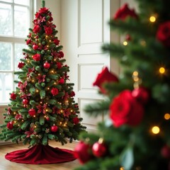 Decorated Christmas tree with fresh red roses and greenery, flowers, festive, winter