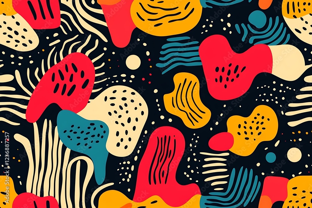 Poster abstract seamless pattern with colorful shapes and lines on dark background.