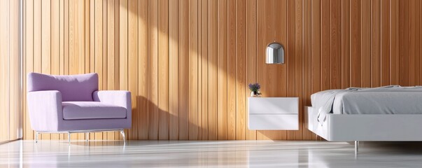 A minimalist bedroom with polished mahogany wood and soft lavender and white tones