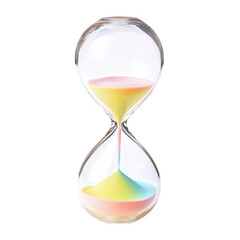transparent background, PNG, A stylized hourglass with a transparent glass body, filled with vibrant pastel sand