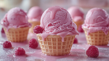 Pink fruit ice cream balls in a waffle cup. Advertising photo of ice cream. Ice cream for a cookbook .