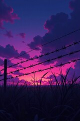 Twisted barbed wire fence against a purple twilight sky with clouds, freedom, twisted wires, darkening sky