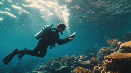 An atmospheric shot of a marine biologist conducting research underwater, surrounded by coral reefs and marine life, Marine biology scene