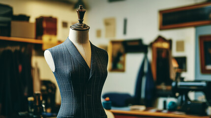 Classic tailor's dress form mannequin in vintage sewing workshop setting