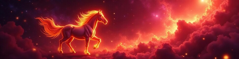 Flame-licked mane and tail in a swirling crimson nebula, swirling, mane