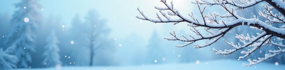 Obraz premium Frosty branches etched against pale blue, snowflakes gently falling on bare tree limbs, landscape, nature, winter