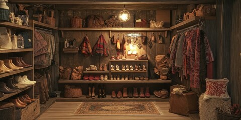 Cozy and stylish clothing and footwear display in a rustic setting, ideal for fashion retail, home decor, or lifestyle branding.