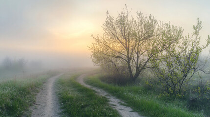 Misty spring path with young trees and golden sunrise light creating a mystical ambiance