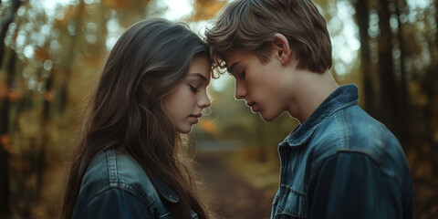 Fototapeta premium Young teen couple on their first date. Teenage boy and teenage girl celebrating Valentine's Day. Boyfriend and girlfriend spending time together outdoors. First love concept.
