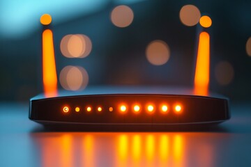 Sleek wi fi router with orange lights against a softly blurred background symbolizing connectivity