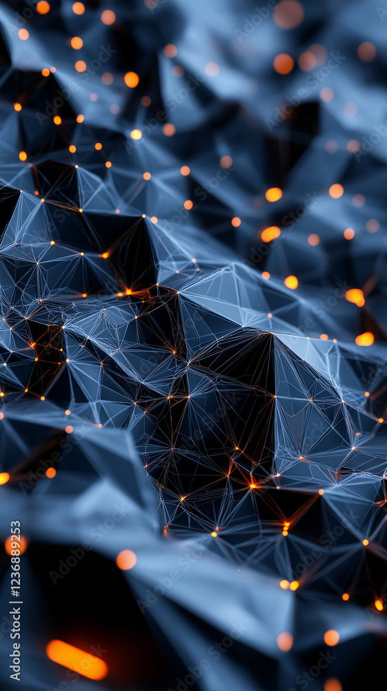 Poster abstract 3d network with glowing orange nodes and dark polygons