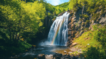 Enchanting waterfall cascades in spring mountains surrounded by vibrant greenery and a rainbow