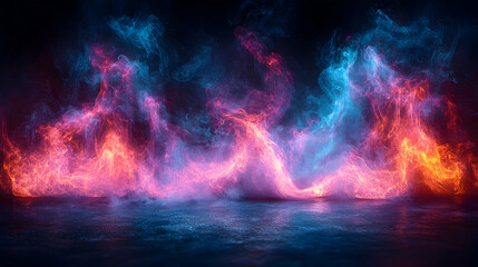 Abstract neon fire and smoke, dark background, digital art, ideal for gaming or music