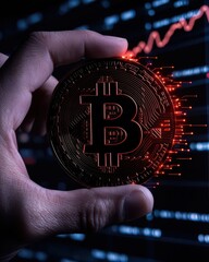 Hand holding a Bitcoin cryptocurrency against a digital trading graph, symbolizing investment and finance innovation.