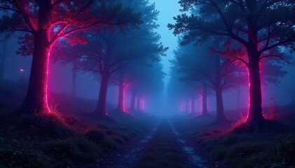 Fototapeta premium Neon forest at dawn with misty atmosphere and glowing trees, neon forest, eerie landscape, glowing trees