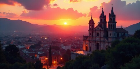 Fototapeta premium Callejas de la catedral al amanecer sonorense, sunrise, ciudad, religiosa