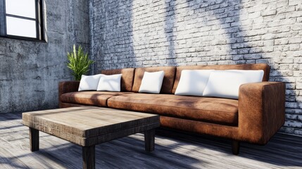 Cozy Leather Sofa with White Cushions in Minimalist Interior Design