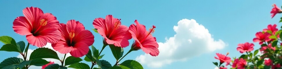 Large hibiscus flowers in full bloom against a blue sky, scenery, garden