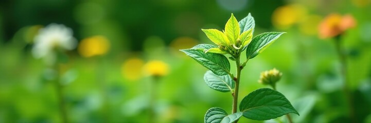 Lemon balm plant in a garden with other plants, flower, leaves, lemon balm