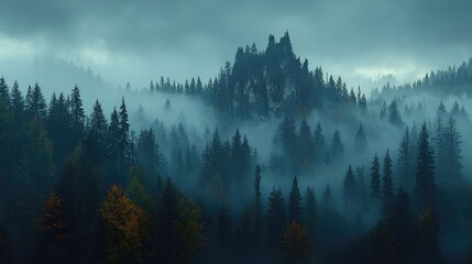 Misty mountain peak shrouded in fog, dark forest, autumn