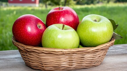 Fresh Red and Green Apples in a Woven Basket on a Wooden Table